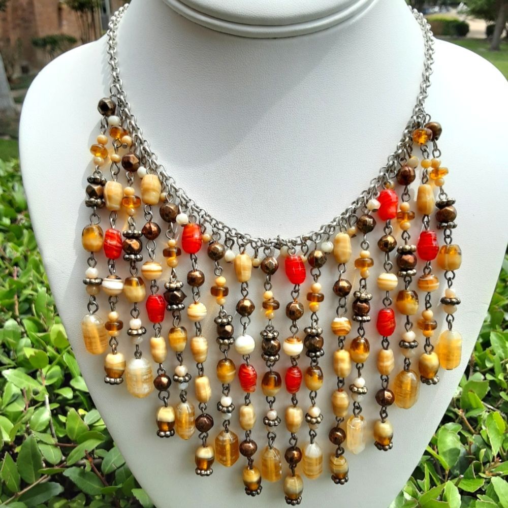 VTG NY COLORFUL AGATE STONES & BEADS SILVER TONE CHAIN LINK BID NECKLACE 18"/21"